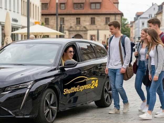 Schwarzes Auto hält an, während junge Leute auf dem Bürgersteig vorbeigehen.