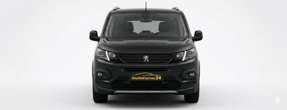 Peugeot Rifter Rollstuhl-Umbau Schwarzer Kleinwagen mit markantem Frontdesign und Peugeot-Logo.