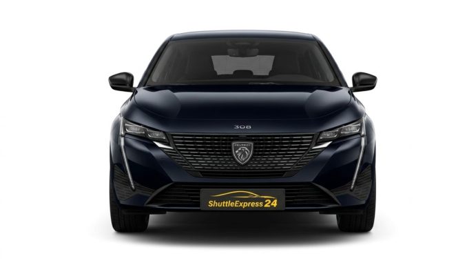 Peugeot 308 SW Dunkelblauer Sportwagen mit markantem Kühlergrill und modernen Scheinwerfern.